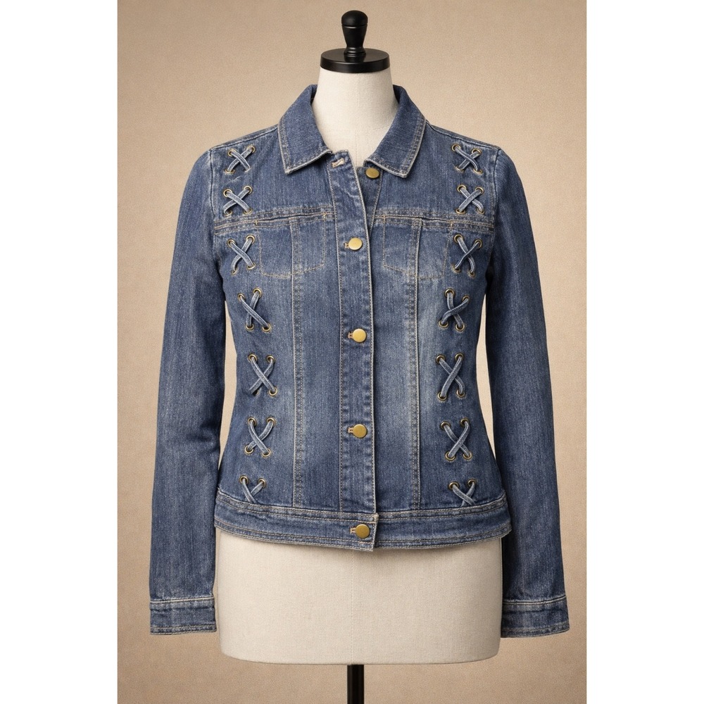 AMX Womens Blue Denim Lace Up Grommet Jean Jacket Stretch Medium Wash Small